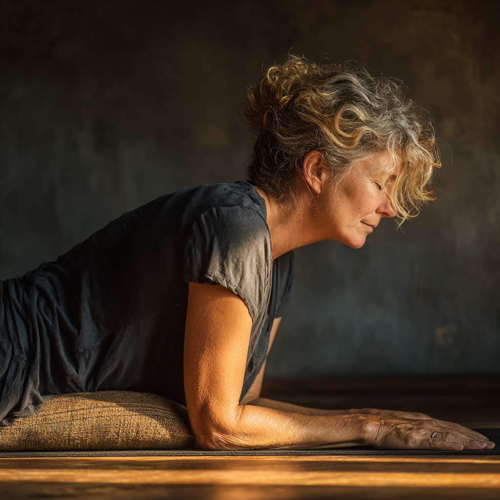 Жінка похилого віку виконує вправи йоги вдома